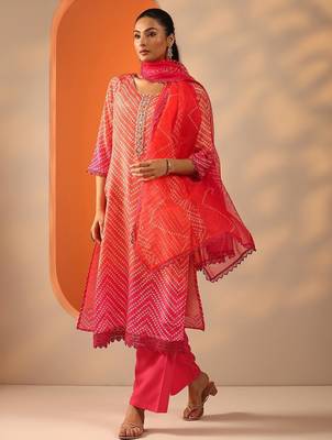 women bandhani printed kurta with trouser & dupatta 1