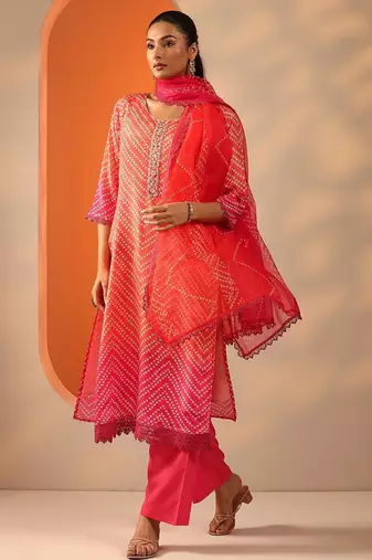 women bandhani printed kurta with trouser & dupatta