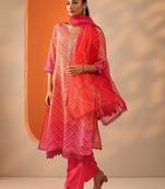 women bandhani printed kurta with trouser & dupatta