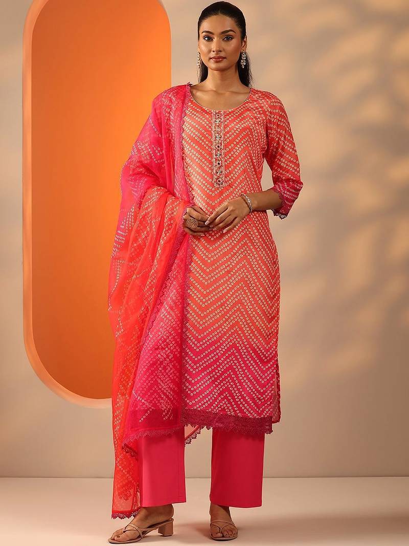 women bandhani printed kurta with trouser & dupatta