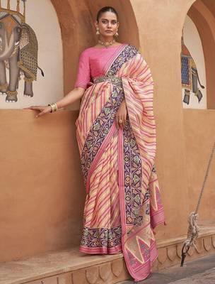 Cream cream & maroon leheriya printed gotta patti organza banarasi saree 1