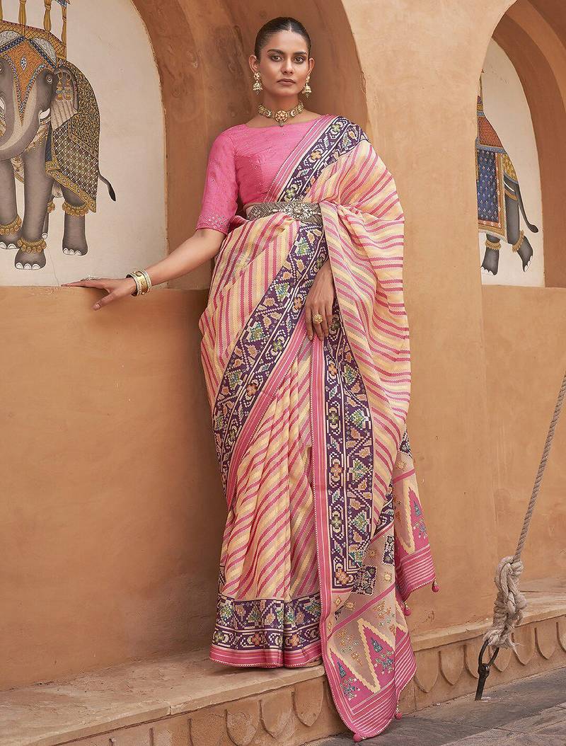 Cream cream & maroon leheriya printed gotta patti organza banarasi saree