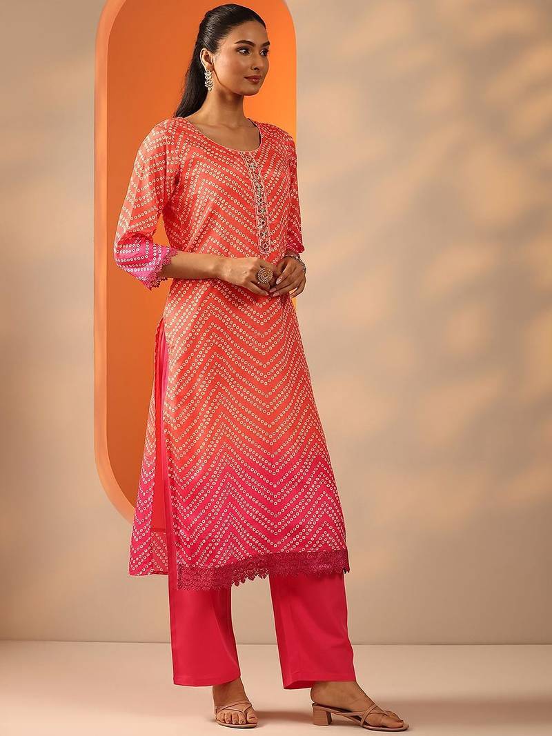 women bandhani printed kurta with trouser & dupatta