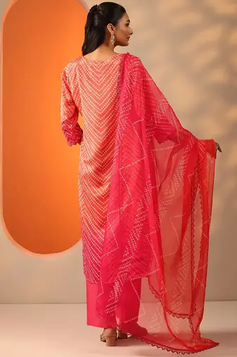 women bandhani printed kurta with trouser & dupatta