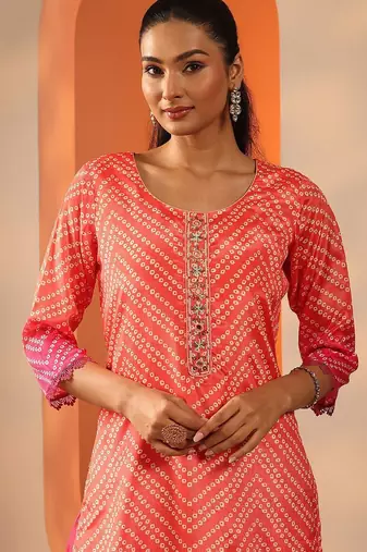 women bandhani printed kurta with trouser & dupatta