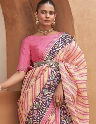 Cream cream & maroon leheriya printed gotta patti organza banarasi saree 2
