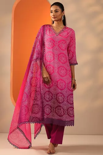 bandhani printed v-neck sequinned straight kurta with trouser and dupatta