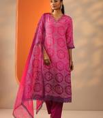 bandhani printed v-neck sequinned straight kurta with trouser and dupatta