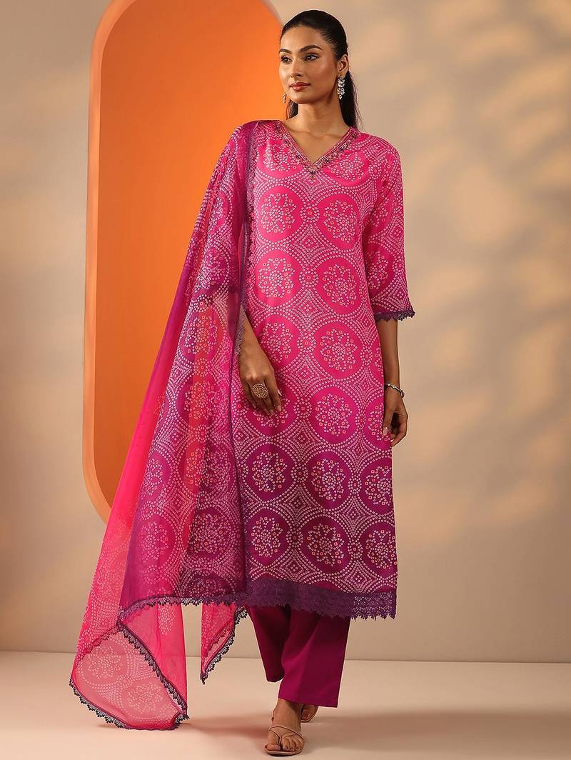 bandhani printed v-neck sequinned straight kurta with trouser and dupatta