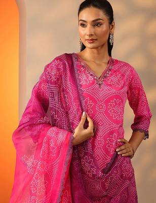 bandhani printed v-neck sequinned straight kurta with trouser and dupatta 2