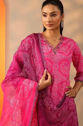 bandhani printed v-neck sequinned straight kurta with trouser and dupatta
