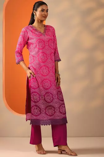 bandhani printed v-neck sequinned straight kurta with trouser and dupatta