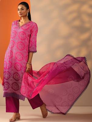 bandhani printed v-neck sequinned straight kurta with trouser and dupatta 4