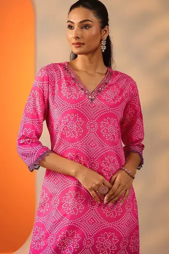 bandhani printed v-neck sequinned straight kurta with trouser and dupatta