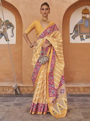 Cream cream & pink leheriya printed zari organza banarasi saree 1
