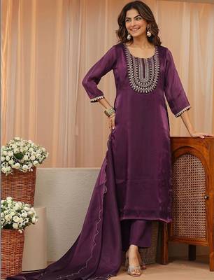 libas burgundy yoke design tissue straight suit set 1