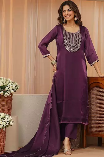 libas burgundy yoke design tissue straight suit set