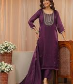 libas burgundy yoke design tissue straight suit set
