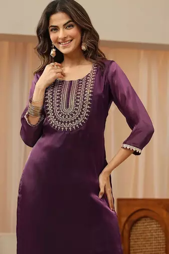 libas burgundy yoke design tissue straight suit set