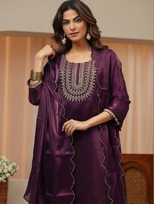 libas burgundy yoke design tissue straight suit set 3