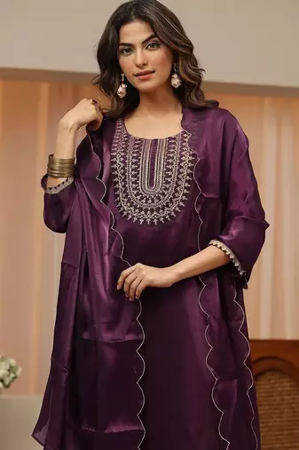 libas burgundy yoke design tissue straight suit set