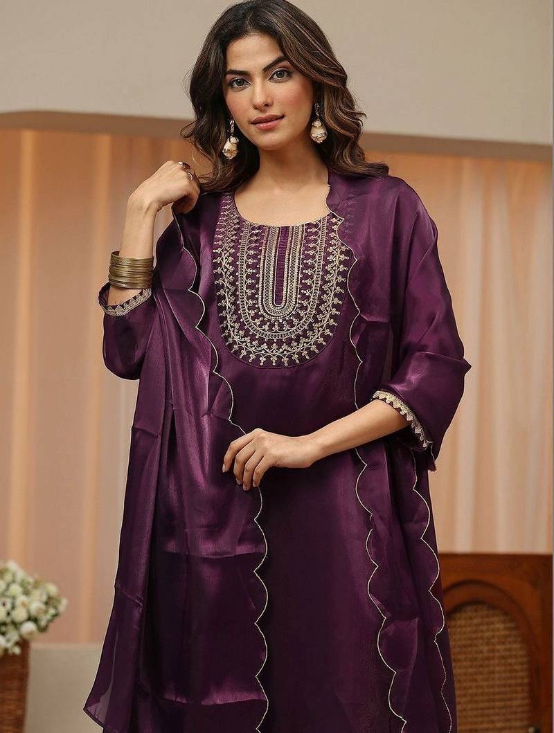 libas burgundy yoke design tissue straight suit set