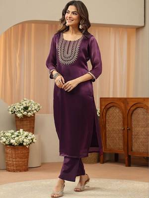 libas burgundy yoke design tissue straight suit set 4