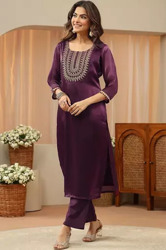 libas burgundy yoke design tissue straight suit set