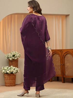 libas burgundy yoke design tissue straight suit set 6