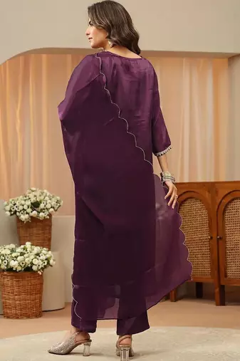 libas burgundy yoke design tissue straight suit set