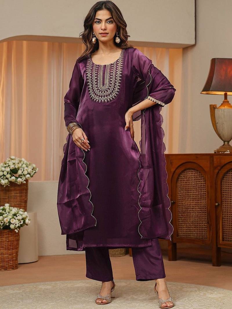 libas burgundy yoke design tissue straight suit set
