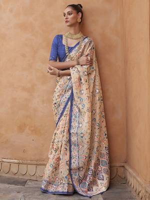 Cream cream & blue ethnic motifs zari organza banarasi saree 1