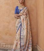 Cream cream & blue ethnic motifs zari organza banarasi saree