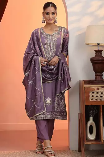 women ethnic motifs embroidered regular kurta with trousers & dupatta