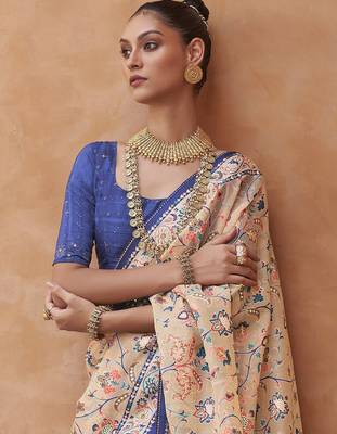 Cream cream & blue ethnic motifs zari organza banarasi saree 3