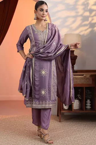 women ethnic motifs embroidered regular kurta with trousers & dupatta