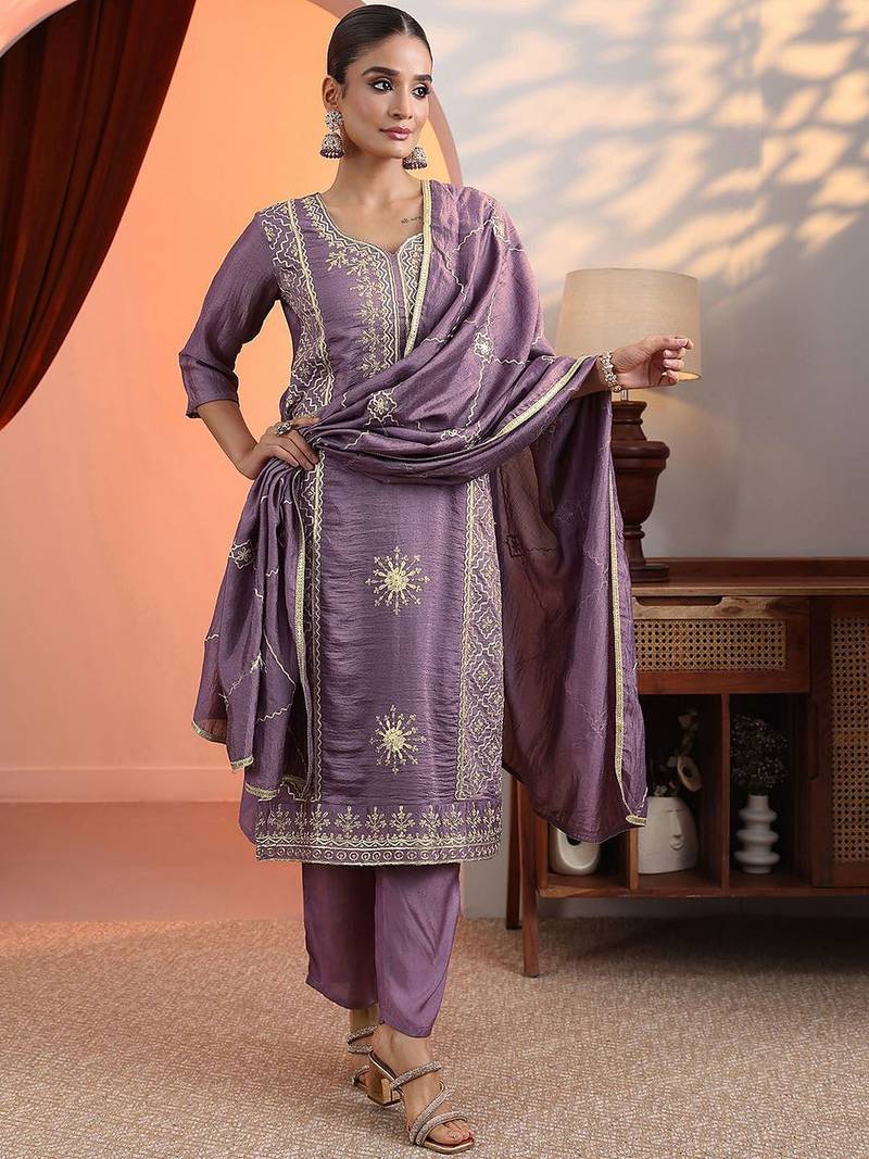 women ethnic motifs embroidered regular kurta with trousers & dupatta
