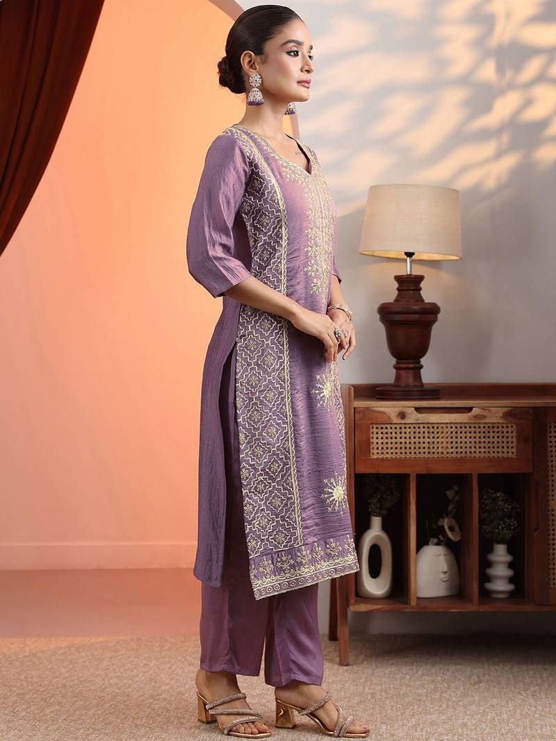 women ethnic motifs embroidered regular kurta with trousers & dupatta