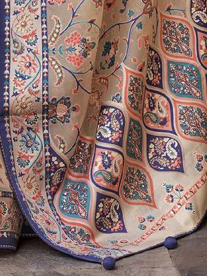 Cream cream & blue ethnic motifs zari organza banarasi saree 4