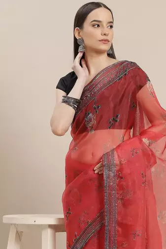 Red red & green floral printed organza saree