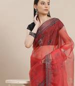 Red red & green floral printed organza saree