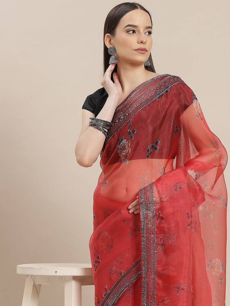 Red red & green floral printed organza saree
