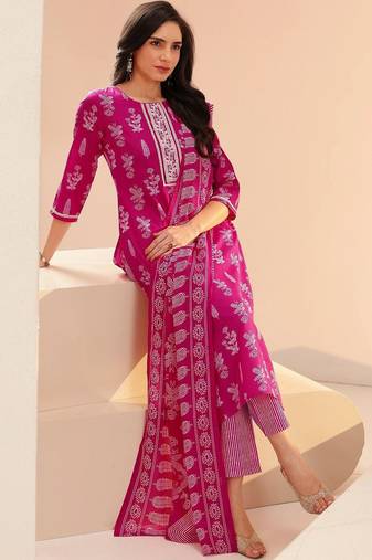 rani pink floral printed cotton blend straight suit set