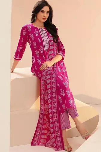 rani pink floral printed cotton blend straight suit set