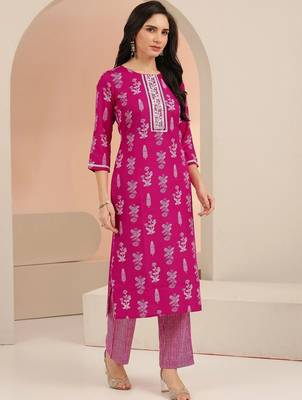 rani pink floral printed cotton blend straight suit set 2