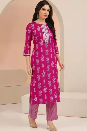 rani pink floral printed cotton blend straight suit set