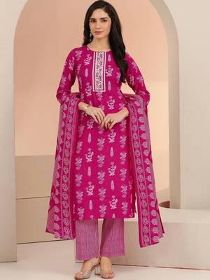 rani pink floral printed cotton blend straight suit set 3
