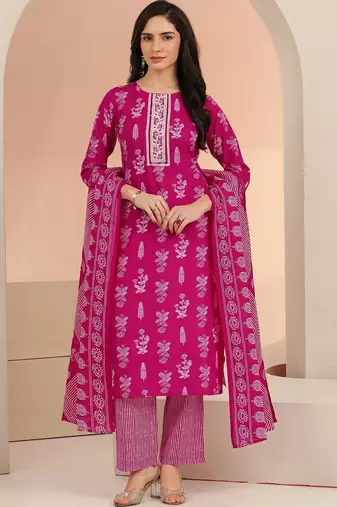 rani pink floral printed cotton blend straight suit set