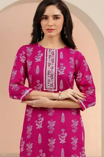 rani pink floral printed cotton blend straight suit set
