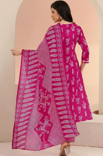rani pink floral printed cotton blend straight suit set